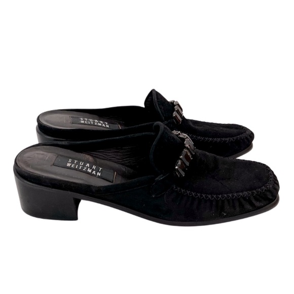 Stuart Weitzman Black Suede Genuine Leather Mules Loafers block heels 8.5 - Picture 2 of 10
